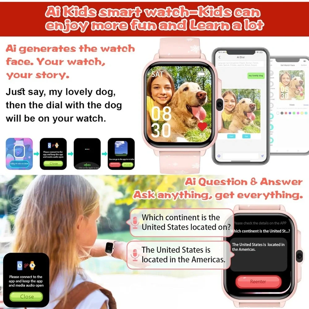 Smartwatch for kids girls age 5-12, AI functions games HD touch screen watches